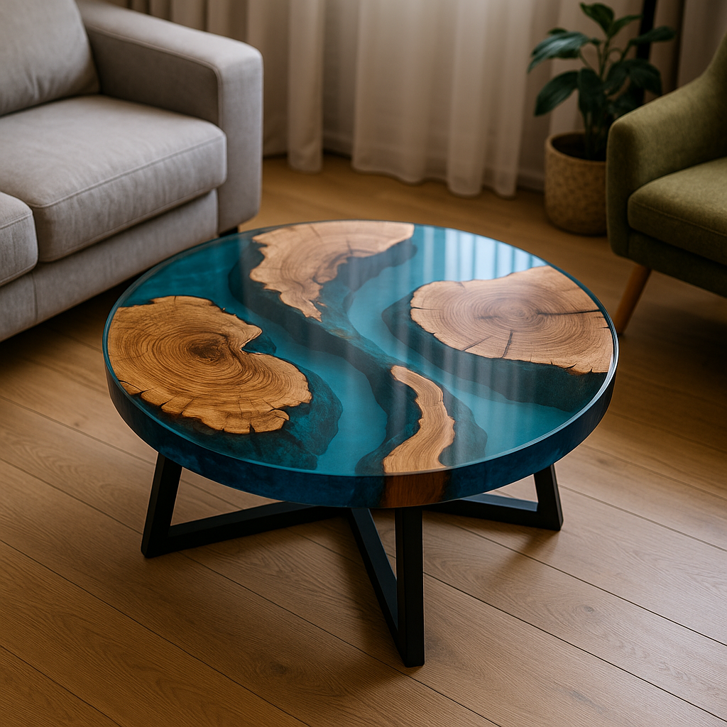 Round epoxy resin coffee table – unique piece with solid wood &amp; resin, handcrafted to measure, designer living room table, round resin table