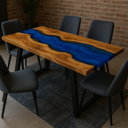 Maßgefertigter Epoxidharz-Esstisch aus Massivholz